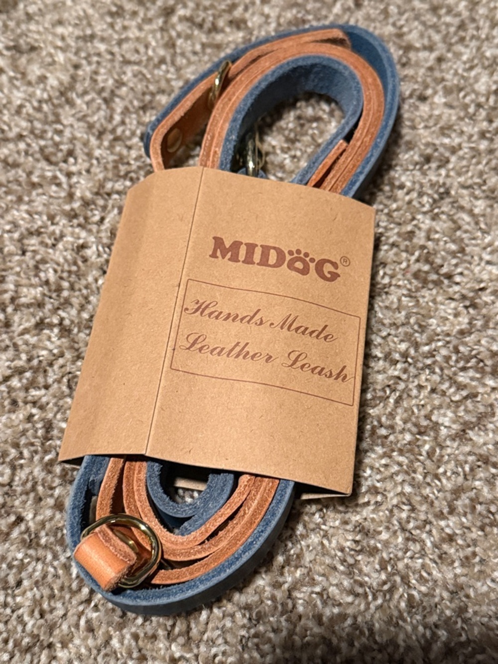 Midog blue and tan leather dog  leash - NEW in package